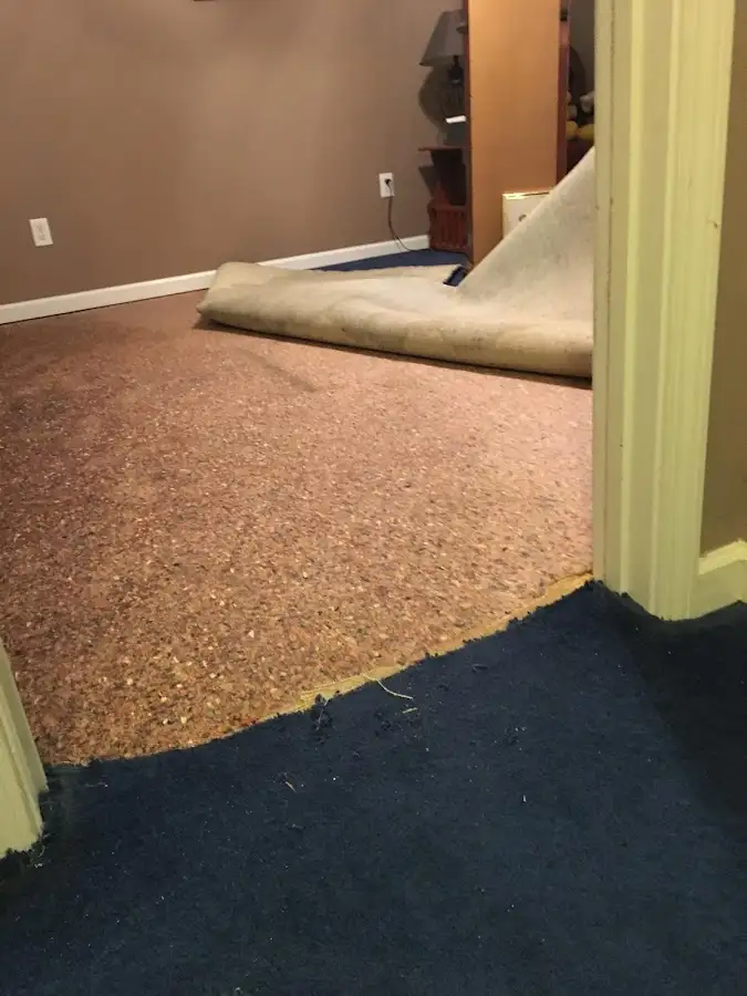 Carpet pad removal revealing water damage during Water Mitigation Services in Cape St. Claire
